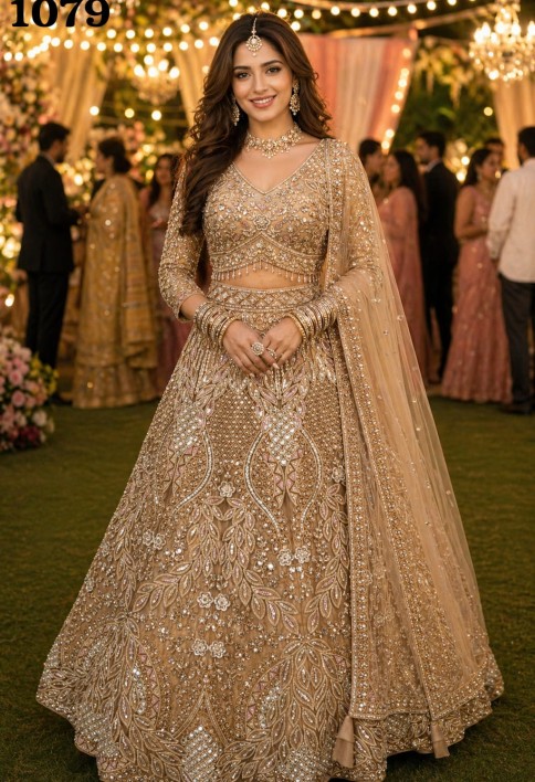 Beads and Embroidered Work Net Readymade Lehenga Choli In Gold Colour