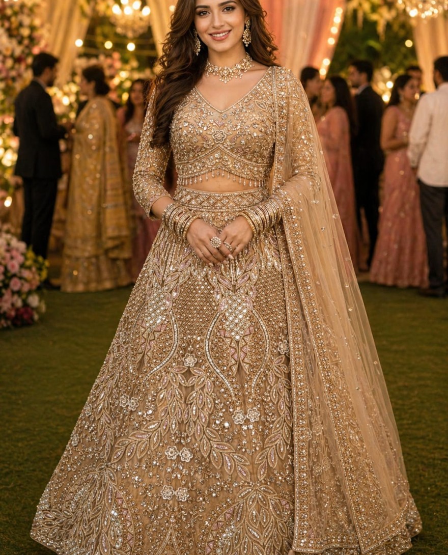 GOLDEN - Beads and Embroidered Work Net Readymade Lehenga Choli In Gold Colour