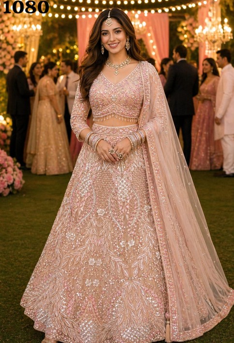 Latest Pink Net Lehenga Choli with Beads and Embroidered Work