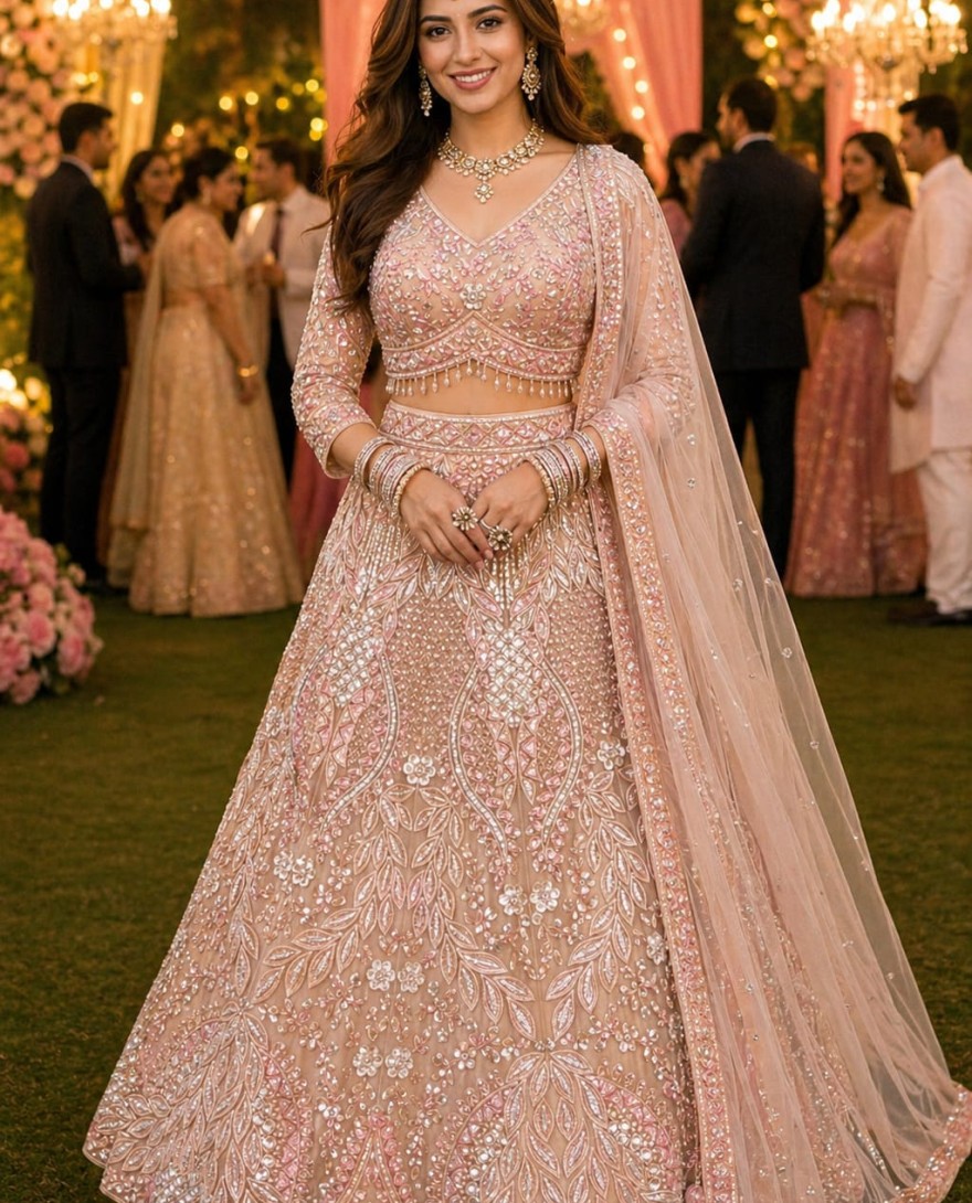 PINK - Latest Pink Net Lehenga Choli with Beads and Embroidered Work