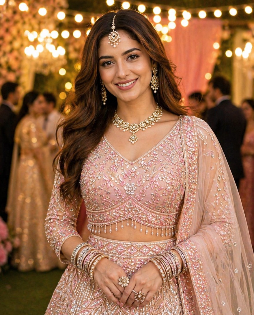 PINK - Latest Pink Net Lehenga Choli with Beads and Embroidered Work