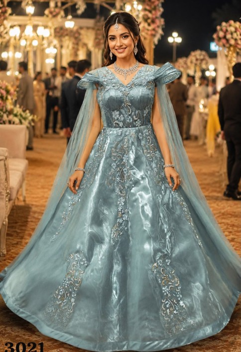 Turquoise Net Designer Gown with Embroidered Work for Ceremonial