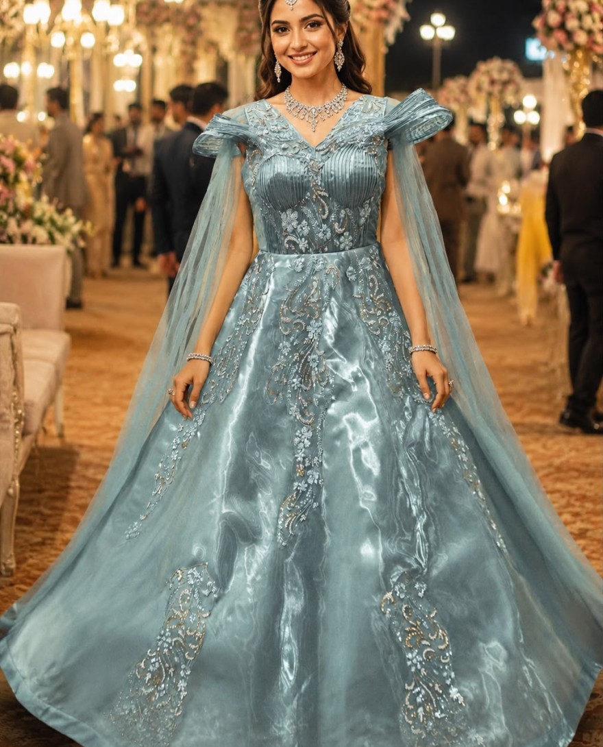 BLUE - Turquoise Net Designer Gown with Embroidered Work for Ceremonial