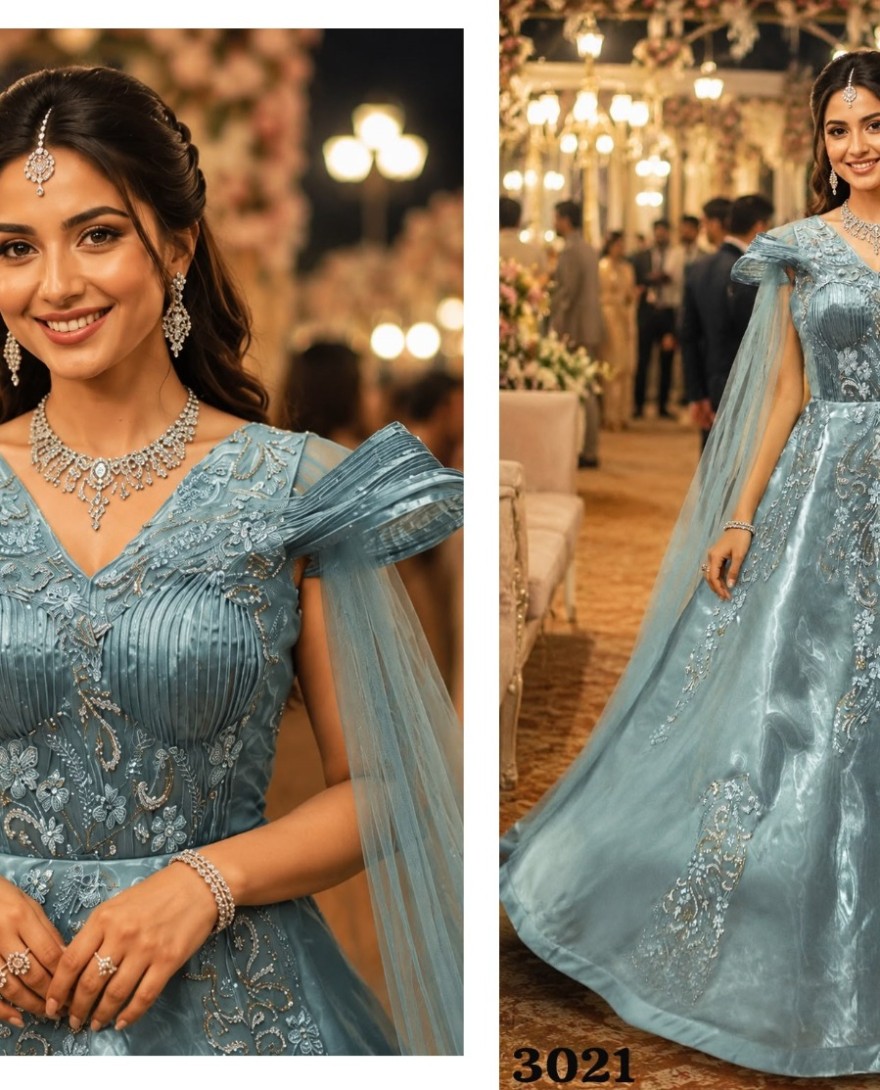 BLUE - Turquoise Net Designer Gown with Embroidered Work for Ceremonial