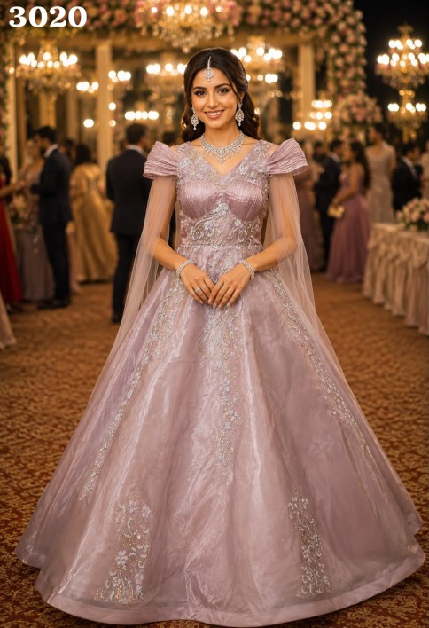 Pink Net Embroidered Work Designer Gown