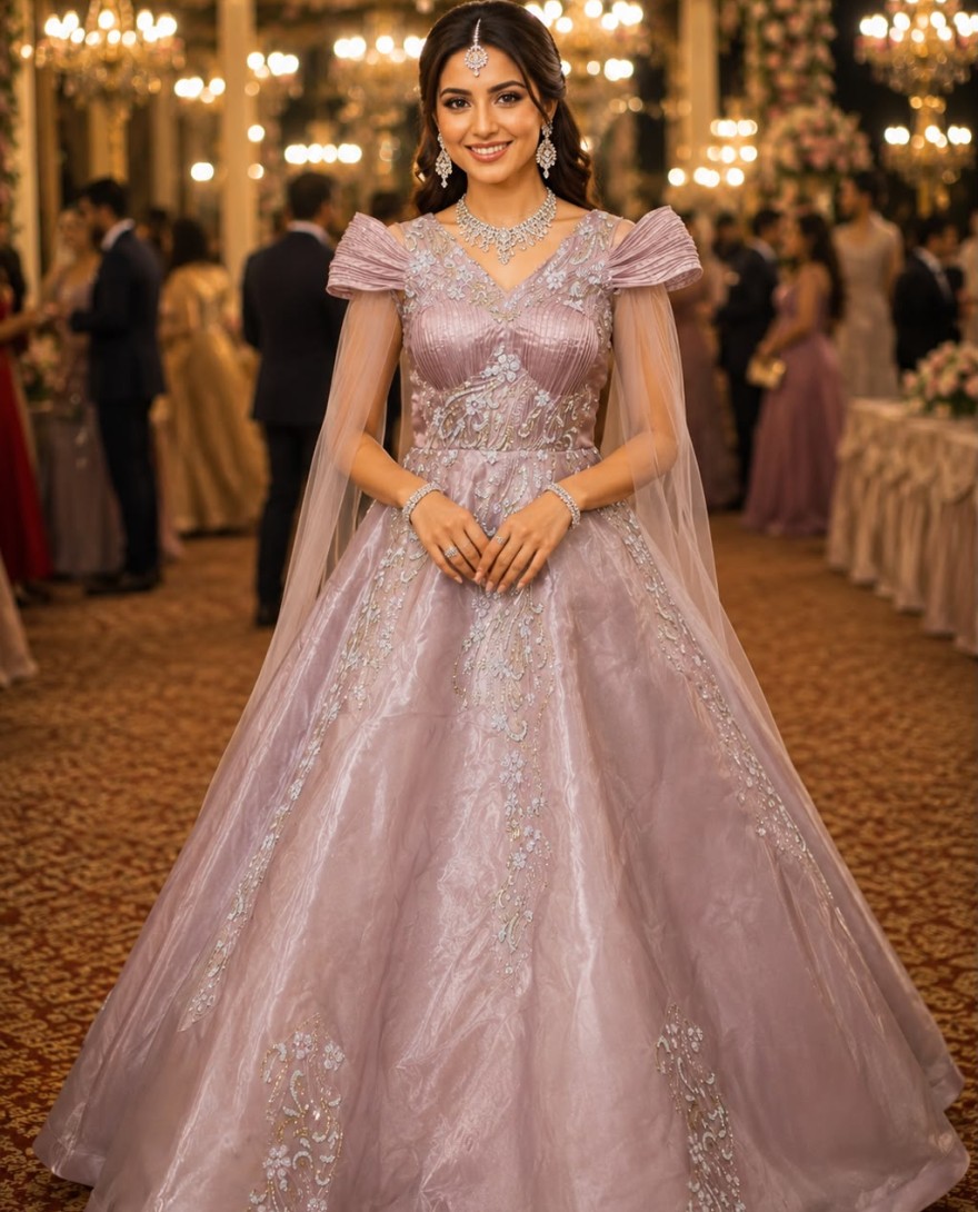 PINK - Pink Net Embroidered Work Designer Gown