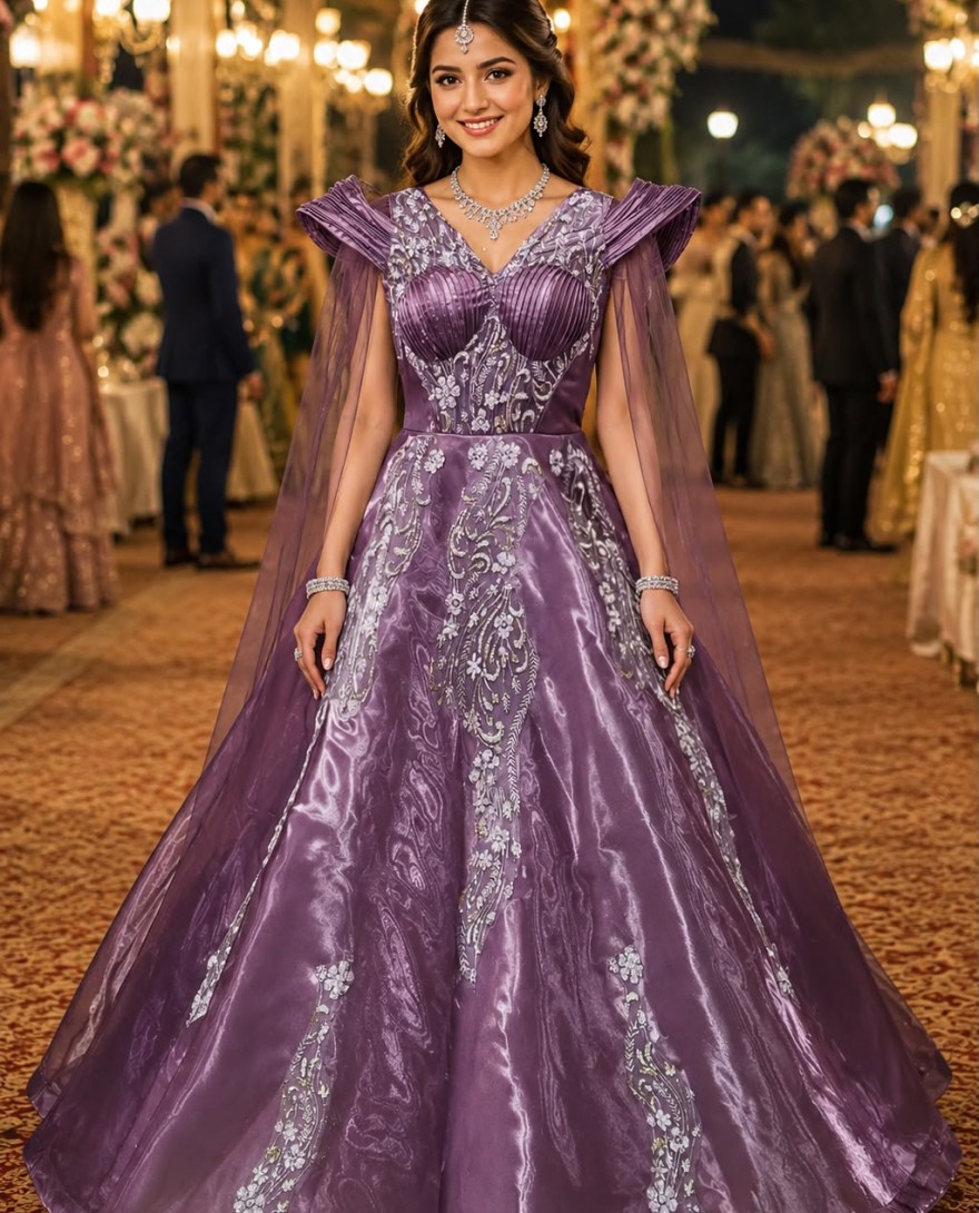 PURPLE - Distinctive Purple Net Designer Gown