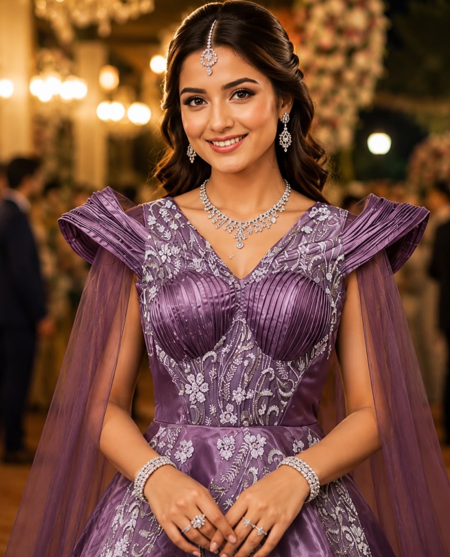 PURPLE - Distinctive Purple Net Designer Gown