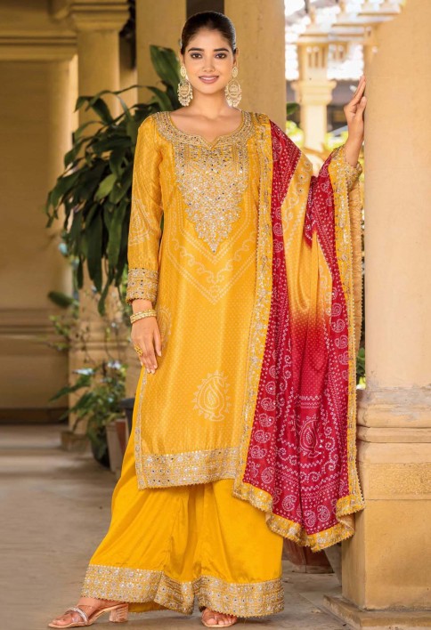 DIGITAL PRINT AND EMBROIDERED WORK CHINON READYMADE SALWAR SUIT IN YELLOW