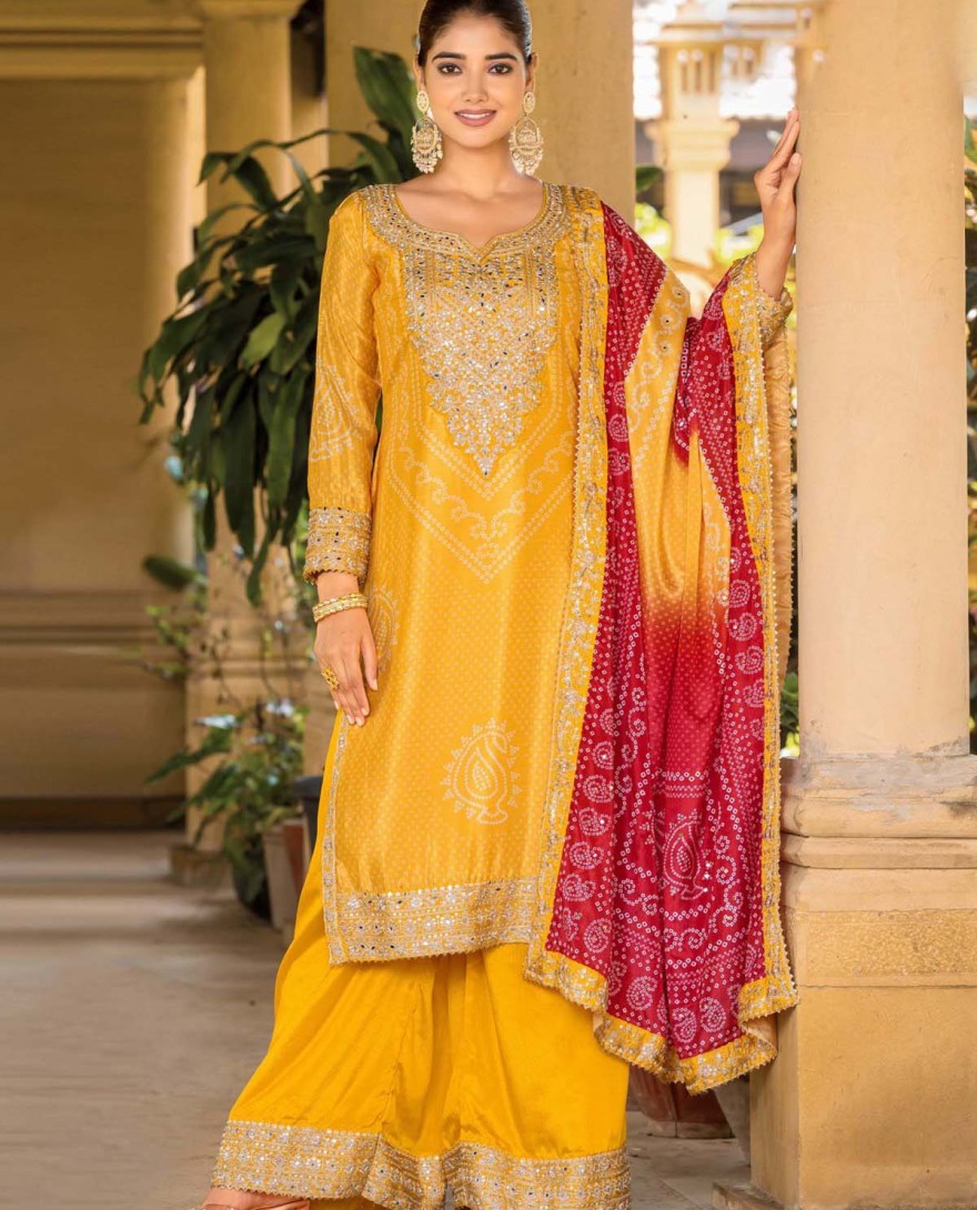 2097 - DIGITAL PRINT AND EMBROIDERED WORK CHINON READYMADE SALWAR SUIT IN YELLOW