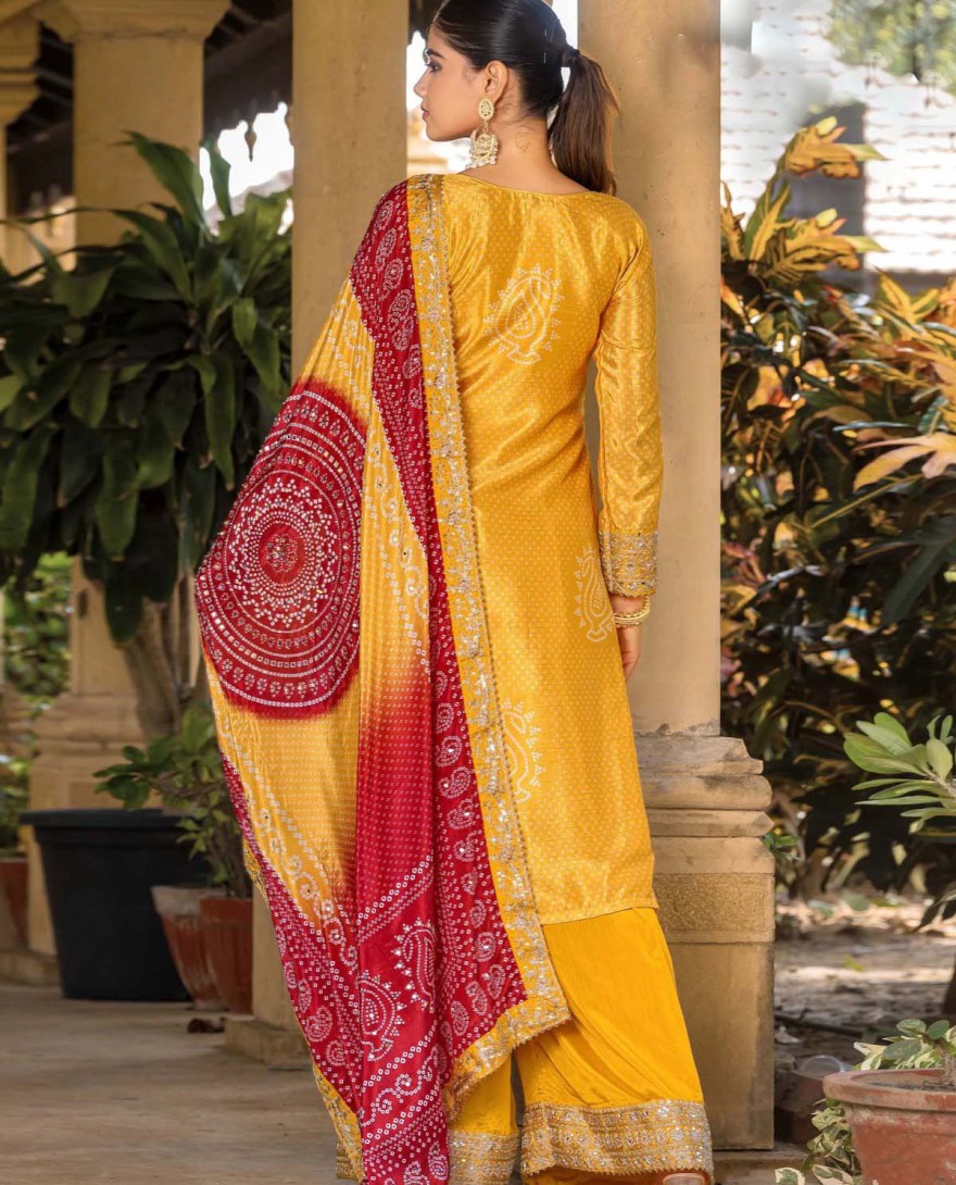 2097 - DIGITAL PRINT AND EMBROIDERED WORK CHINON READYMADE SALWAR SUIT IN YELLOW