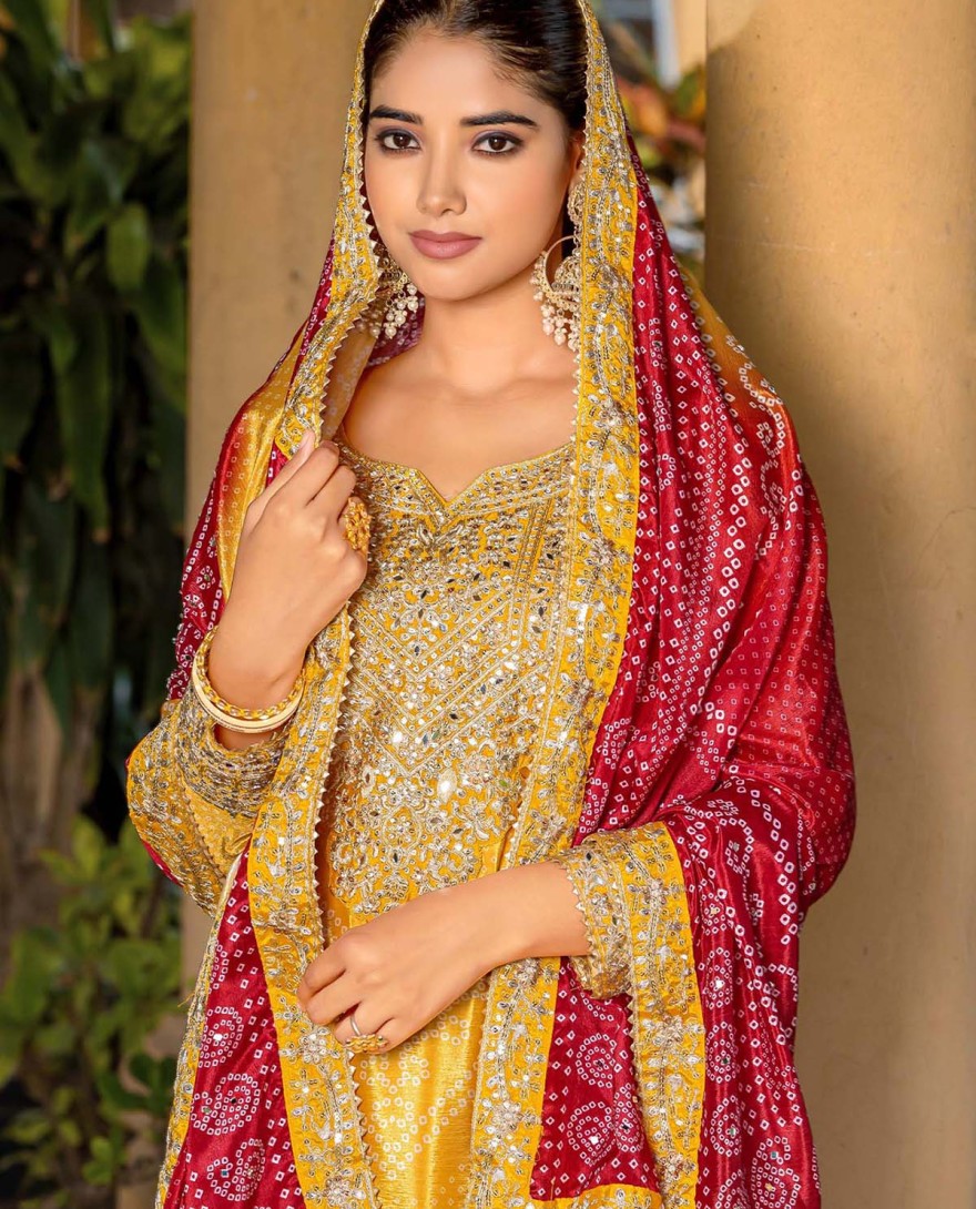 2097 - DIGITAL PRINT AND EMBROIDERED WORK CHINON READYMADE SALWAR SUIT IN YELLOW