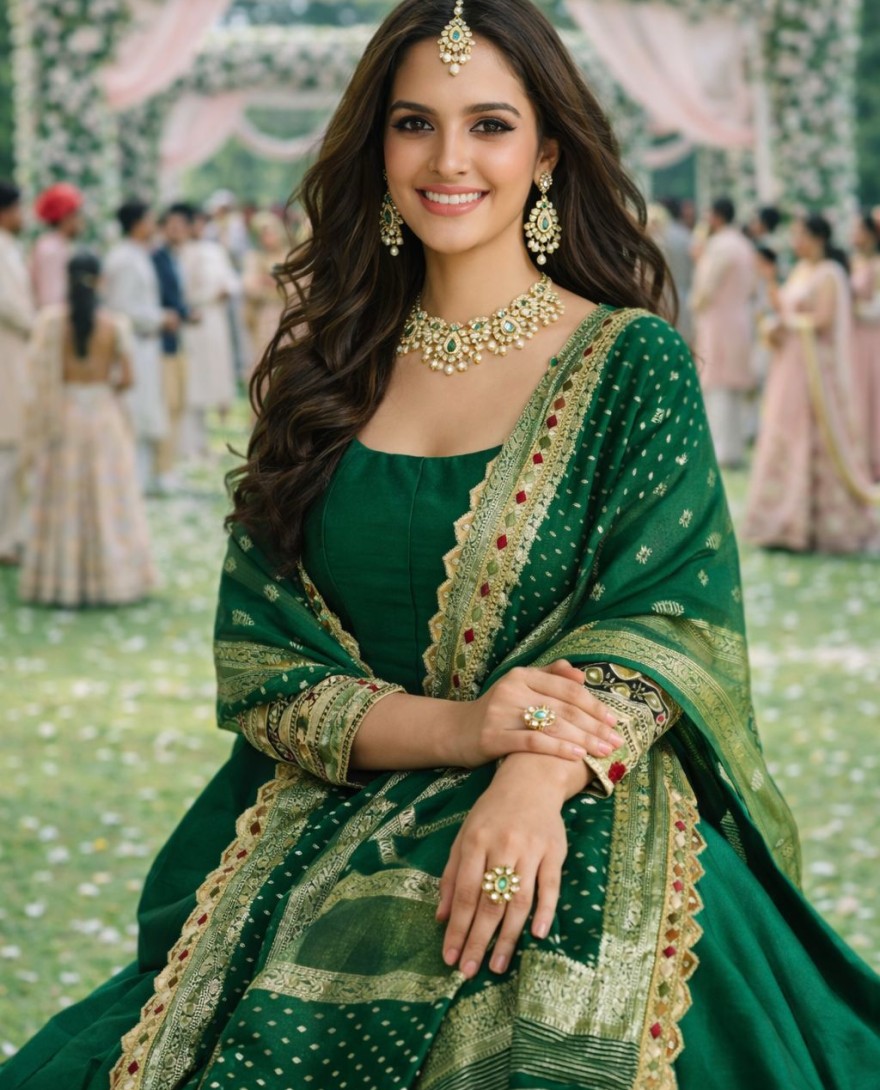 GREEN - Bottle Green Embroidered Silk Gown with Dupatta