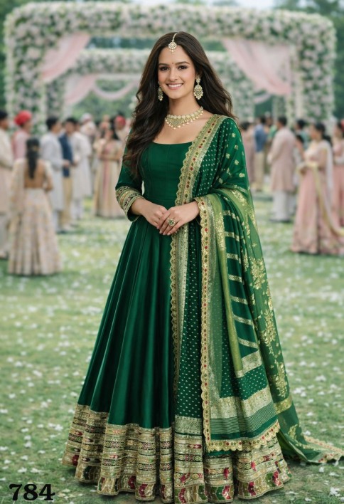 Bottle Green Embroidered Silk Gown with Dupatta