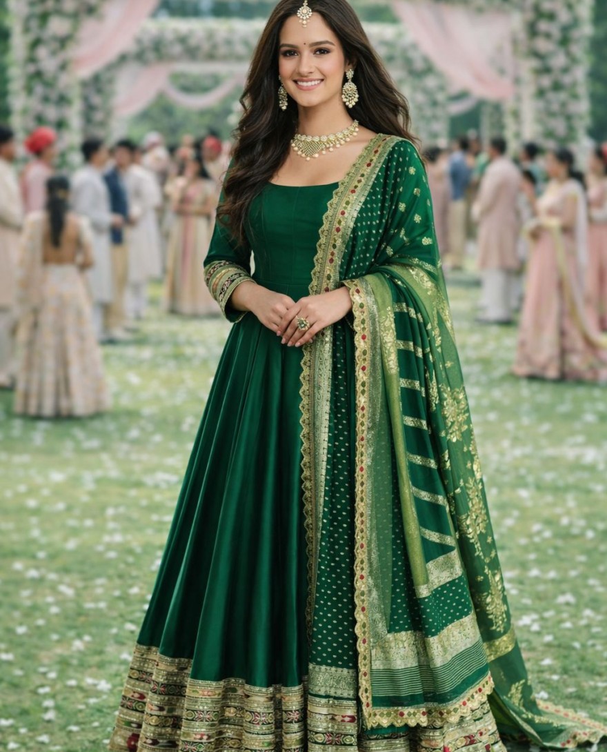 GREEN - Bottle Green Embroidered Silk Gown with Dupatta