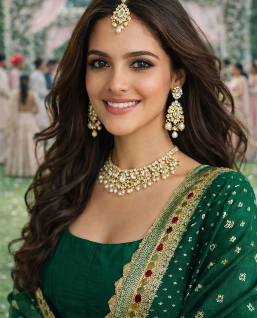 GREEN - Bottle Green Embroidered Silk Gown with Dupatta