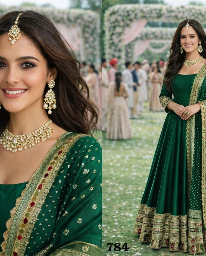 GREEN - Bottle Green Embroidered Silk Gown with Dupatta