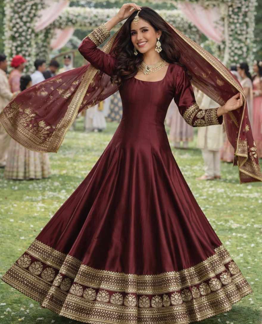 MAROON - Garnet Brown Embroidered Silk Gown with Dupatta