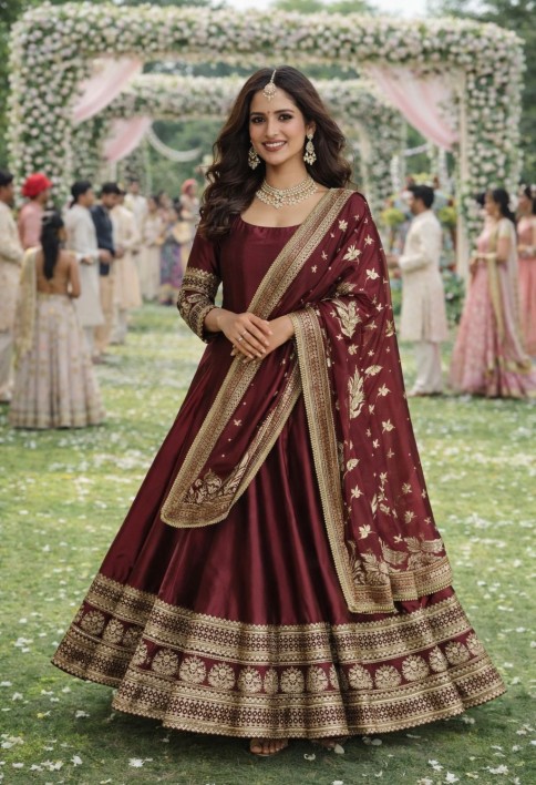 Garnet Brown Embroidered Silk Gown with Dupatta