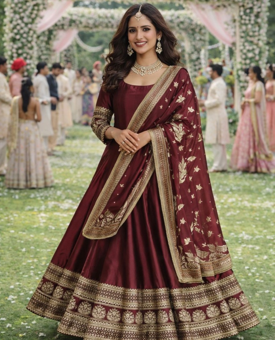 MAROON - Garnet Brown Embroidered Silk Gown with Dupatta
