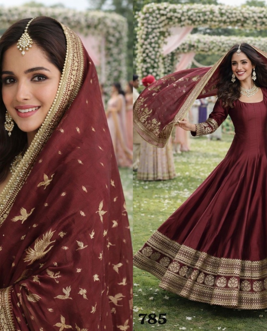 MAROON - Garnet Brown Embroidered Silk Gown with Dupatta