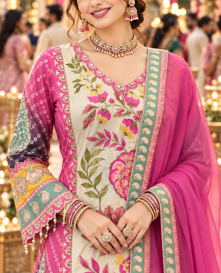 MULTICOLOR - Multi Colour Aari, Gota and Print Work Faux Crepe Palazzo Salwar Suit