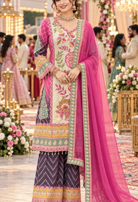 Multi Colour Aari, Gota and Print Work Faux Crepe Palazzo Salwar Suit