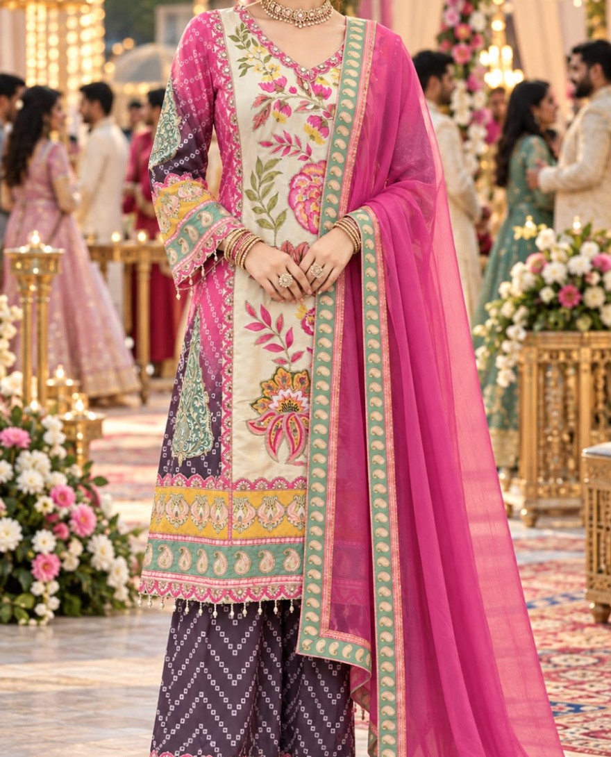 MULTICOLOR - Multi Colour Aari, Gota and Print Work Faux Crepe Palazzo Salwar Suit