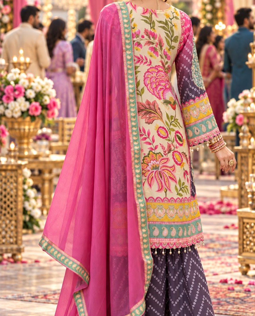 MULTICOLOR - Multi Colour Aari, Gota and Print Work Faux Crepe Palazzo Salwar Suit