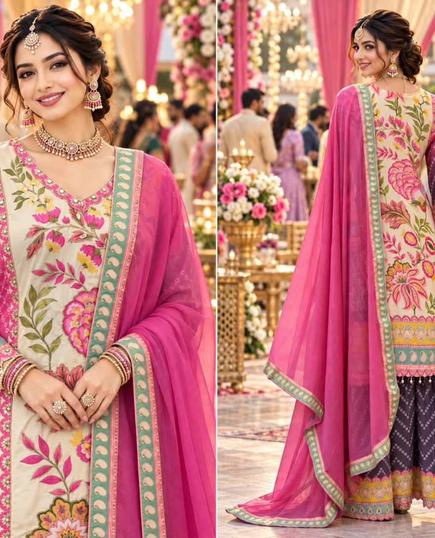MULTICOLOR - Multi Colour Aari, Gota and Print Work Faux Crepe Palazzo Salwar Suit