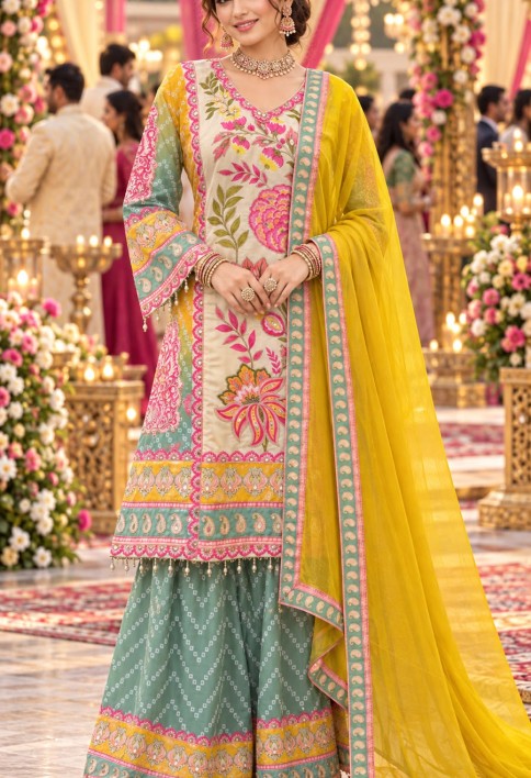 Multi Colour Yellow Aari, Gota and Print Work Faux Crepe Palazzo Salwar Suit
