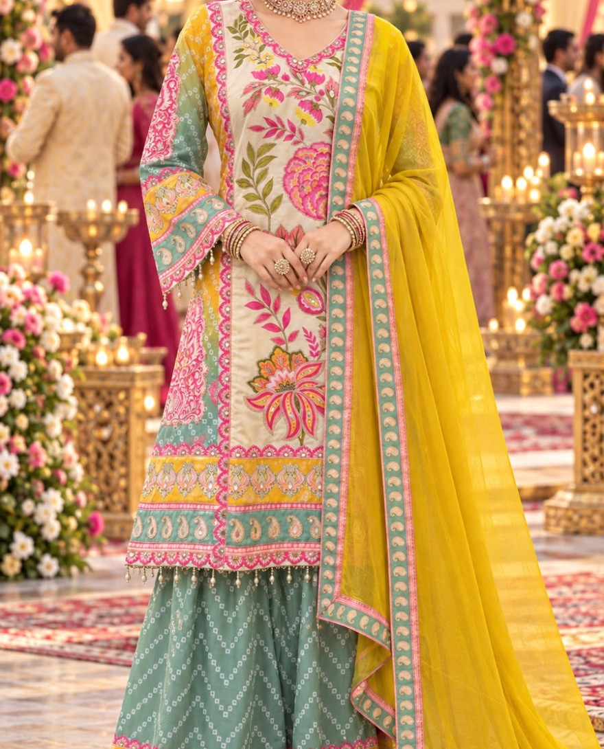 MULTICOLOR - Multi Colour Yellow Aari, Gota and Print Work Faux Crepe Palazzo Salwar Suit