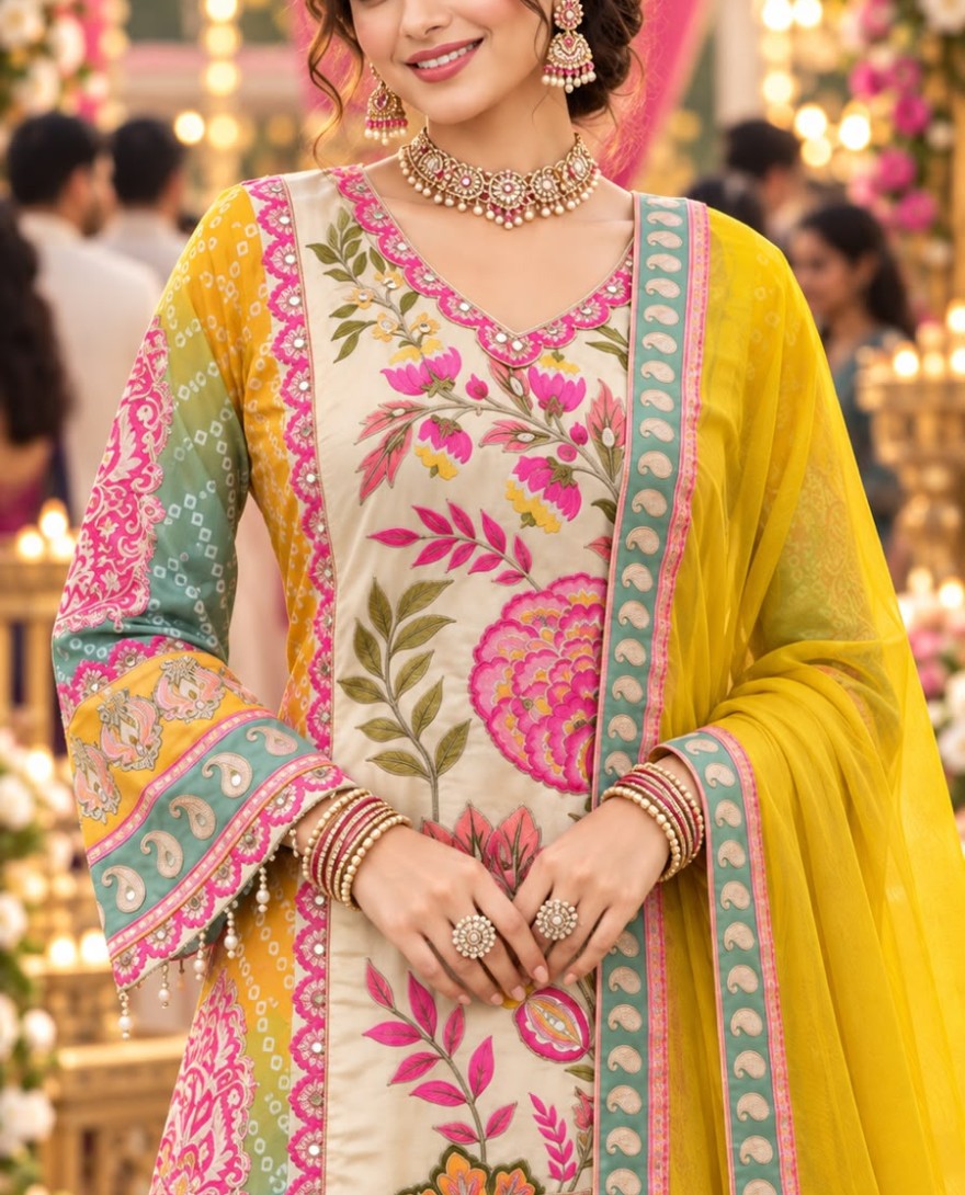 MULTICOLOR - Multi Colour Yellow Aari, Gota and Print Work Faux Crepe Palazzo Salwar Suit