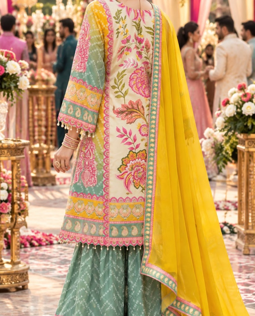 MULTICOLOR - Multi Colour Yellow Aari, Gota and Print Work Faux Crepe Palazzo Salwar Suit