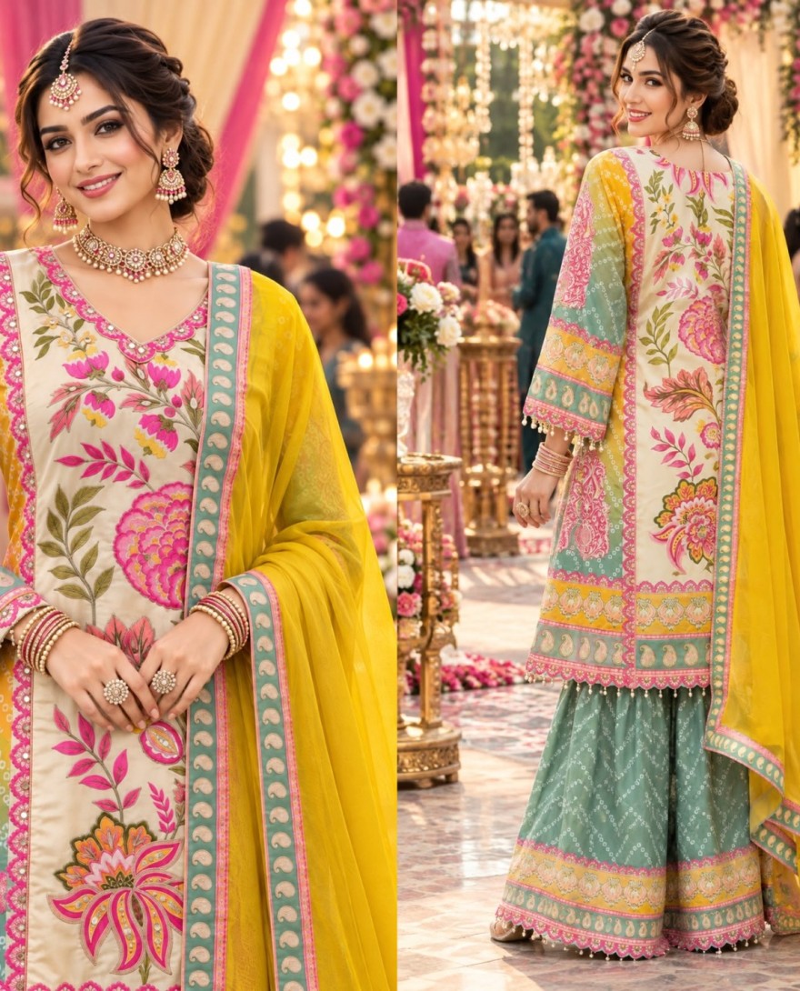 MULTICOLOR - Multi Colour Yellow Aari, Gota and Print Work Faux Crepe Palazzo Salwar Suit