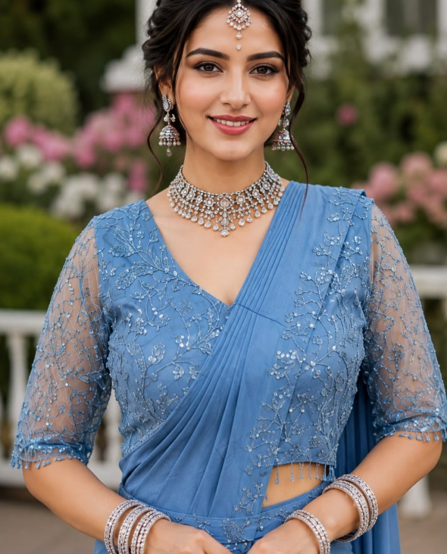 BLUE - Aqua Blue Classic Designer Saree in Lycra with Embroidered