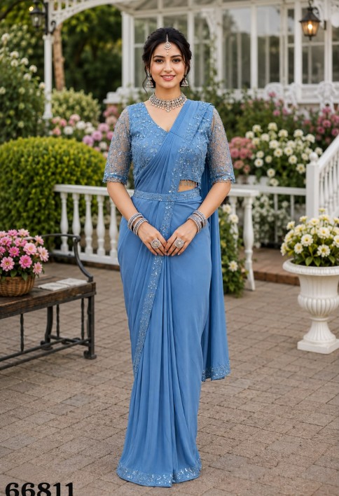 Aqua Blue Classic Designer Saree in Lycra with Embroidered