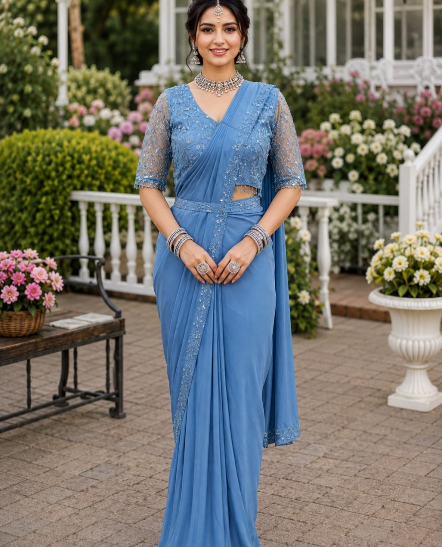 BLUE - Aqua Blue Classic Designer Saree in Lycra with Embroidered