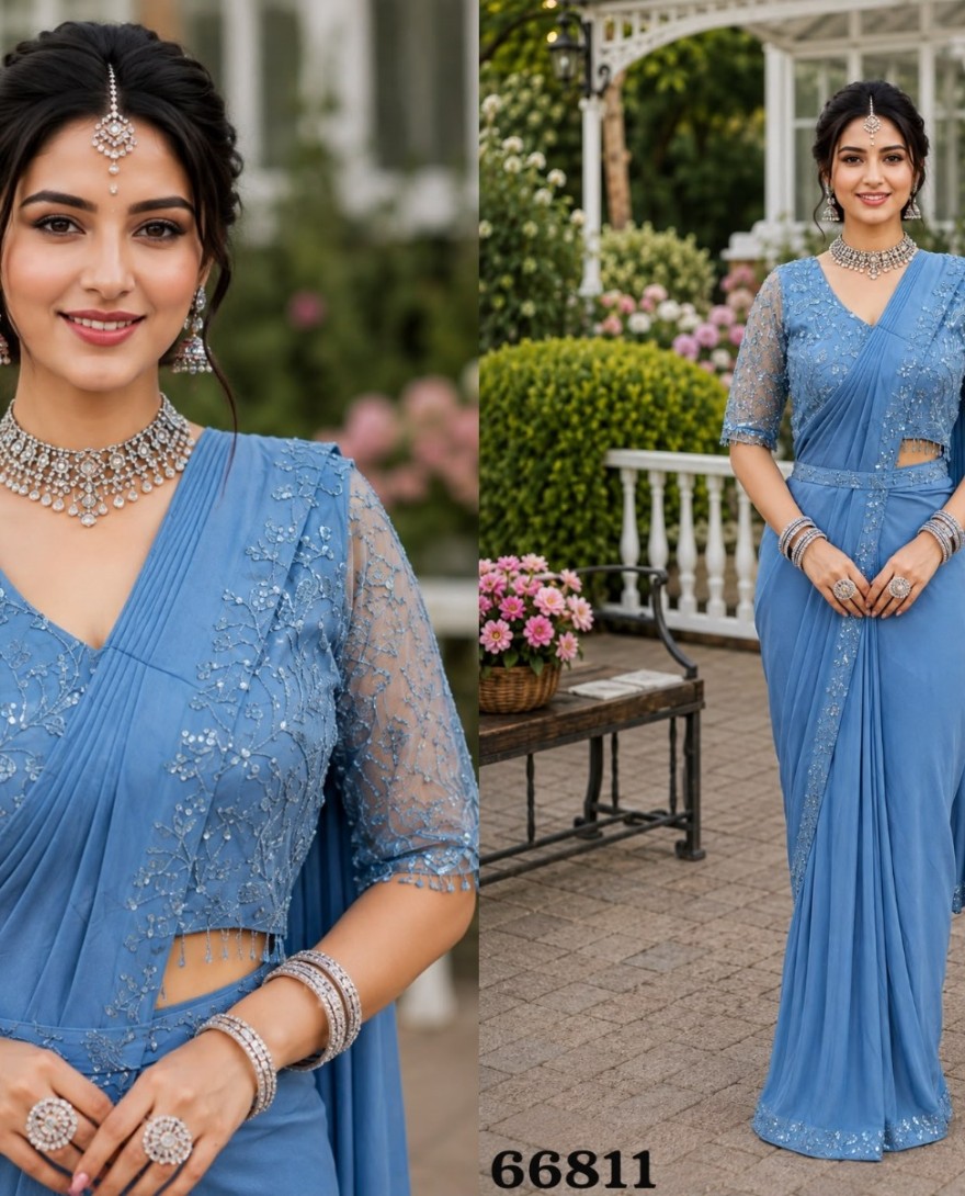 BLUE - Aqua Blue Classic Designer Saree in Lycra with Embroidered