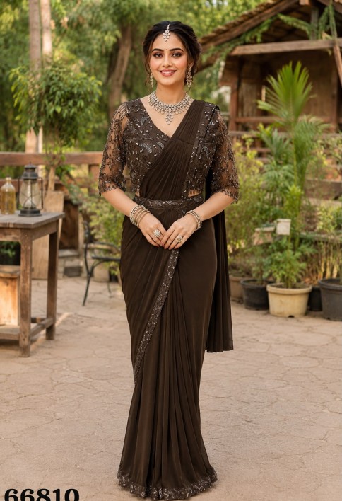 Alluring Brown Lycra Embroidered Contemporary Saree