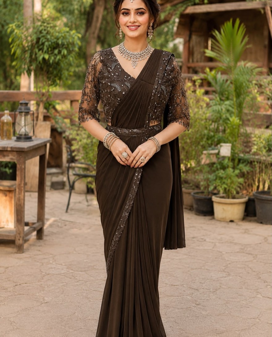 BROWN - Alluring Brown Lycra Embroidered Contemporary Saree