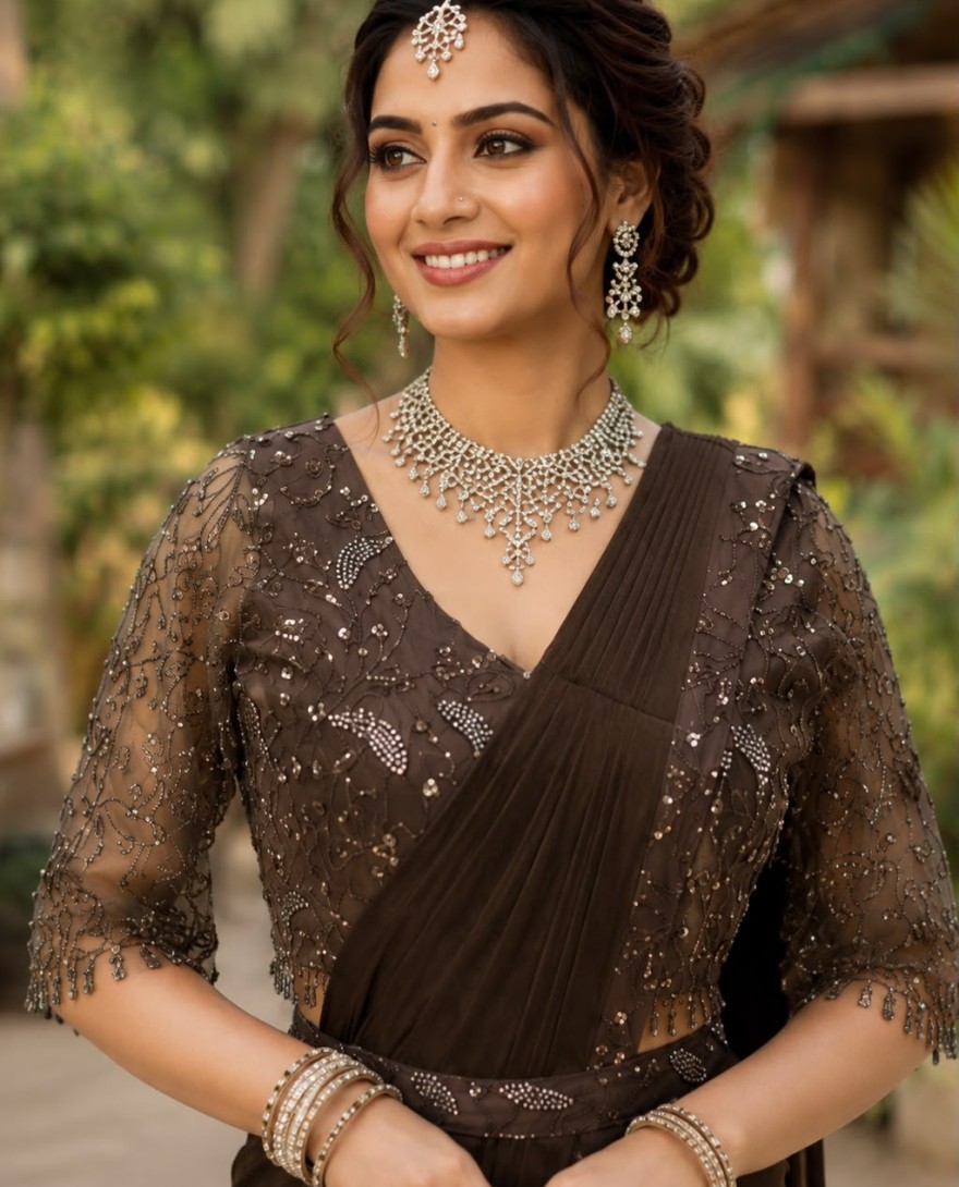 BROWN - Alluring Brown Lycra Embroidered Contemporary Saree