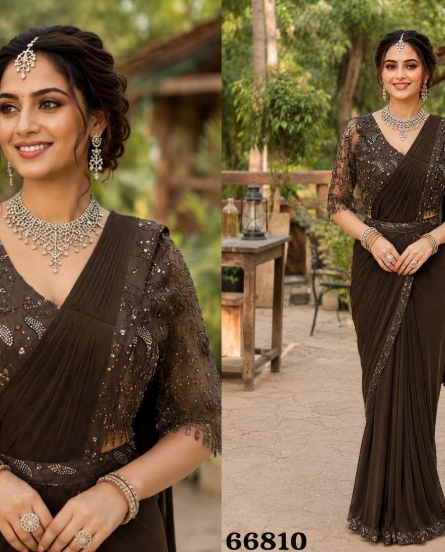 BROWN - Alluring Brown Lycra Embroidered Contemporary Saree