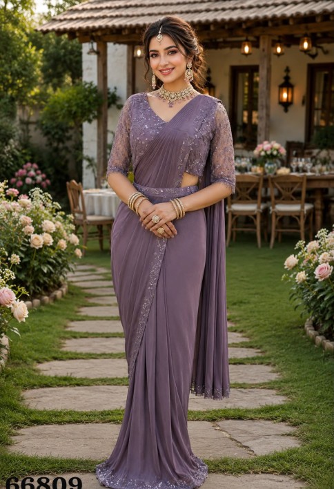 Lavender color Lycra Trendy Saree with Embroidered