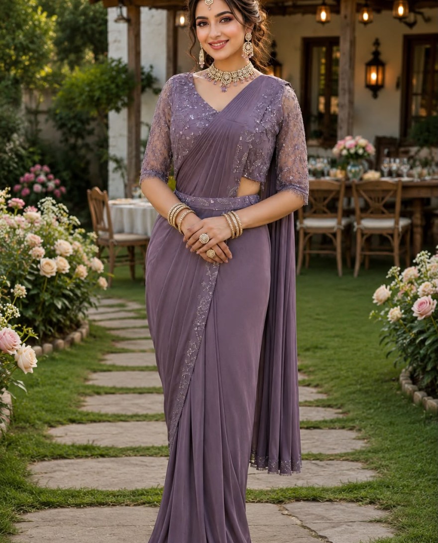 PURPLE - Lavender color Lycra Trendy Saree with Embroidered