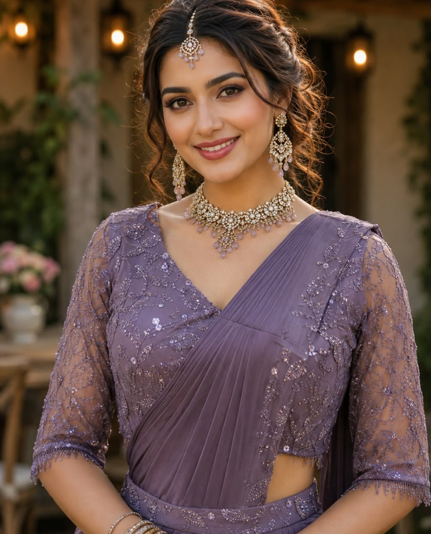 PURPLE - Lavender color Lycra Trendy Saree with Embroidered