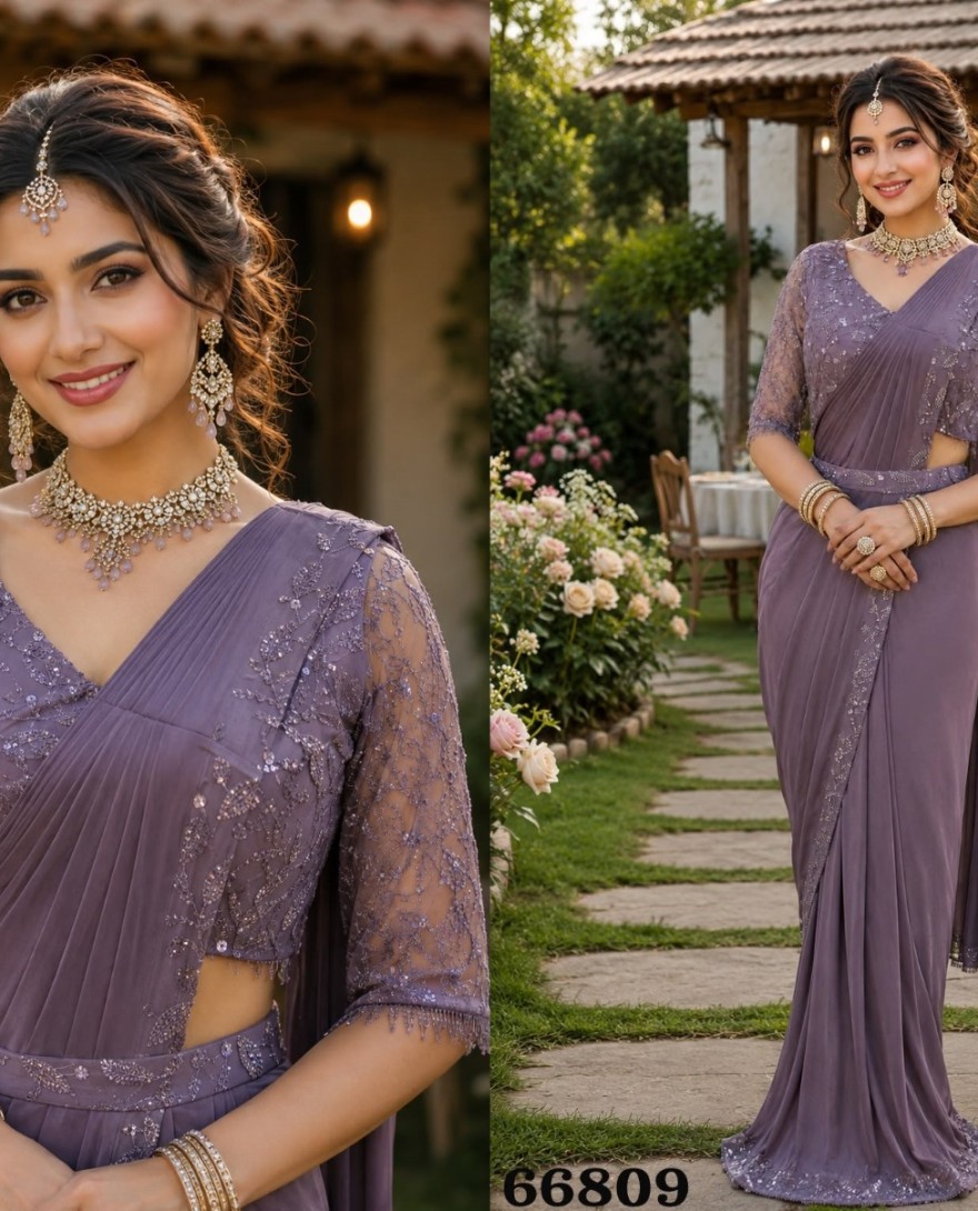 PURPLE - Lavender color Lycra Trendy Saree with Embroidered