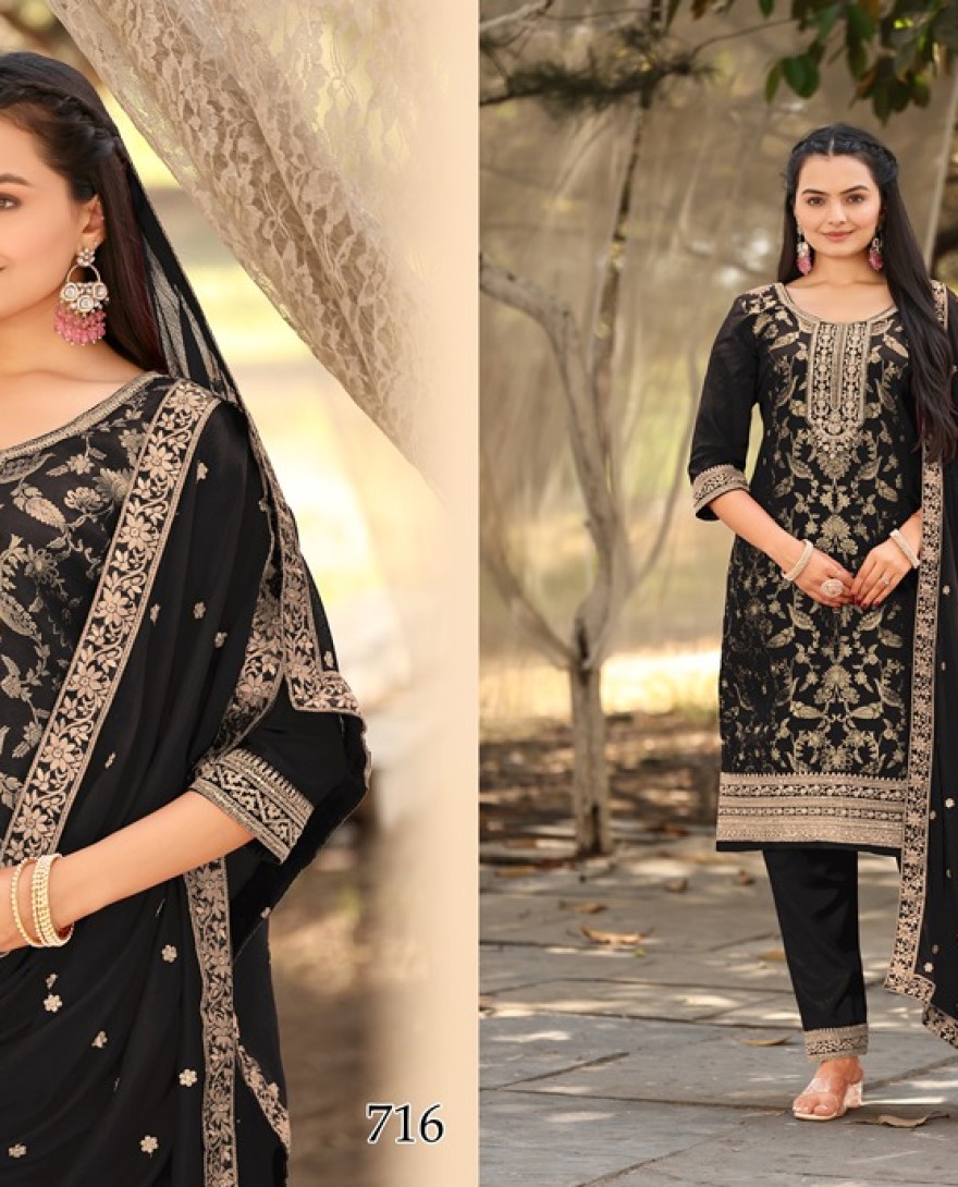 BLACK - Black Woven with Sequin Jacquard Straight Cut Suit Set