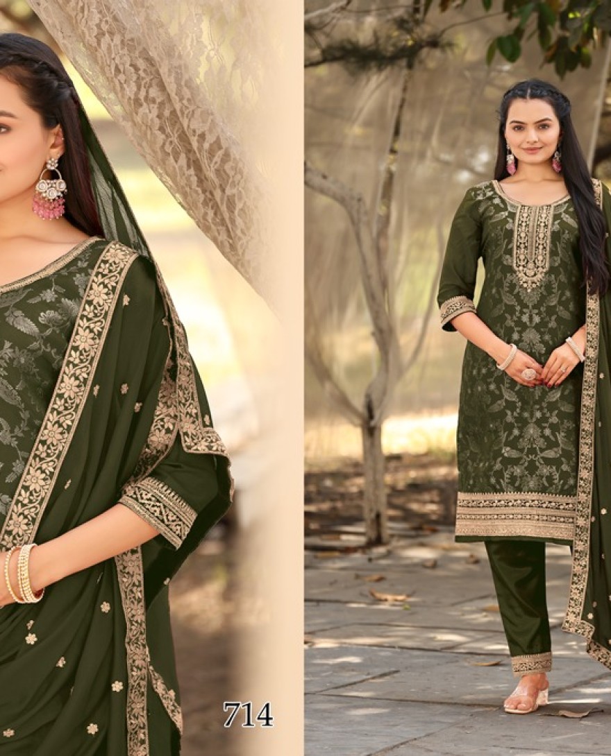 GREEN - Green Woven with Sequin Jacquard Straight Cut Suit Set