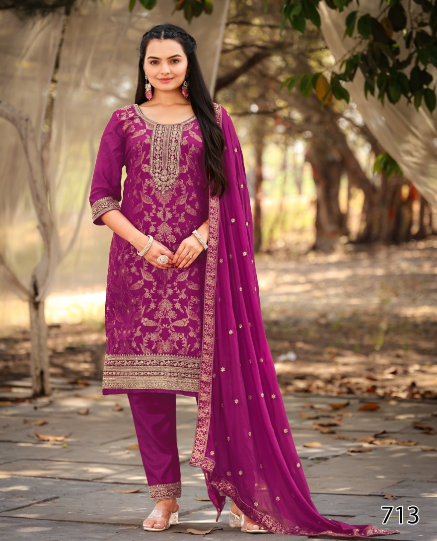 PURPLE - Purple Woven with Sequin Jacquard Straight Cut Suit Set